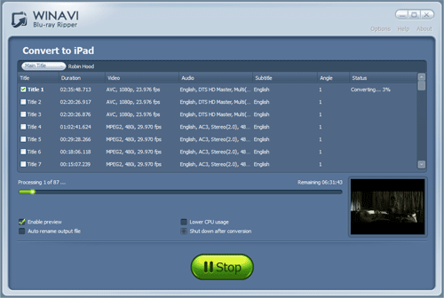 Convert bluray to ipad with WinAVI Blu-ray ripper - screenshot