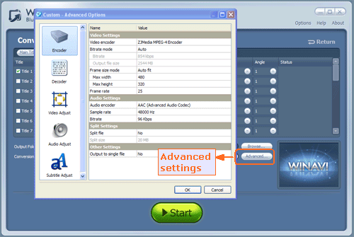 Advanced settings for bluray to iPod touch conversion- screenshot