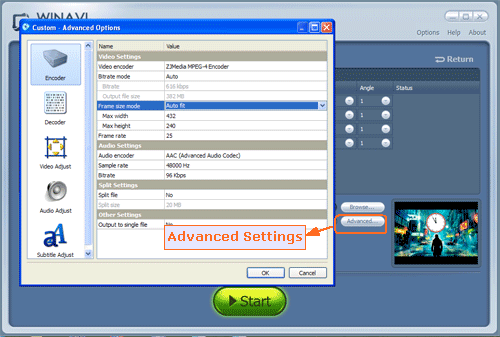 Set advanced options for converting bluray to psp - screenshot