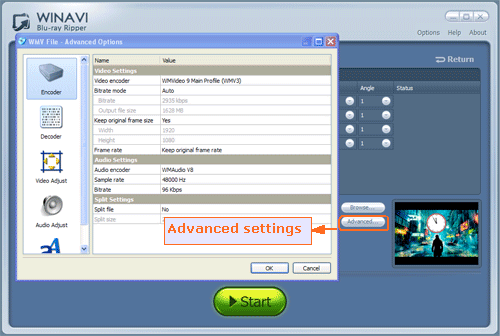 advanced options for converting bluray to wmv - screenshot
