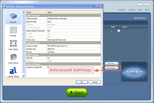 set advanced settings for dvd to avi conversion - screenshot