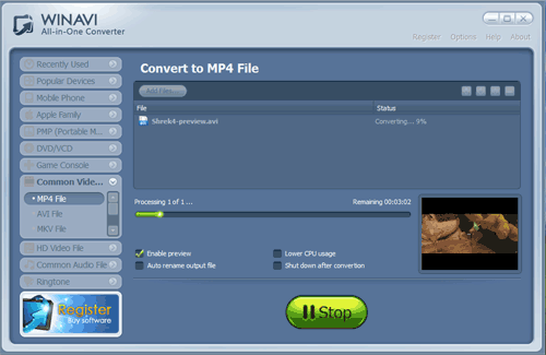 WinAVI All-In-One converter convert to mp4 - screenshot