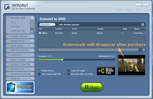 convert dvd to mov with WinAVI All In One converter - screenshot