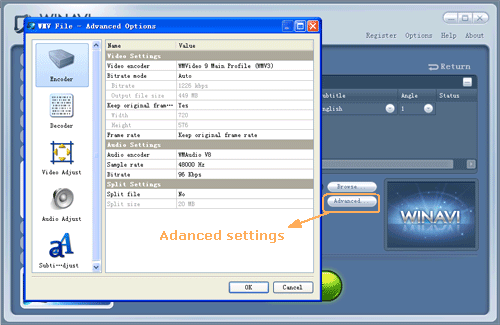 dvd to wmv  conversion advanced settings - screenshot