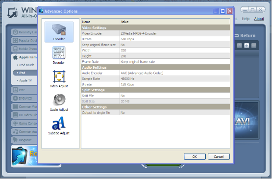 WinAVI All-In-One Video flv to ipod conversion advanced setting - screenshot