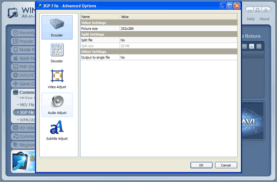 WinAVI All-In-One Video mov to 3gp conversion advanced setting - screenshot