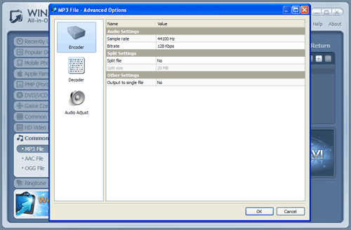 WinAVI All-In-One mp4 to mp3 conversion advanced - screenshot