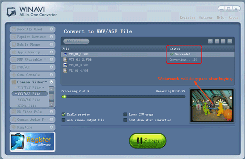 convert vob to wmv with WinAVI All-In-One converter - screenshot