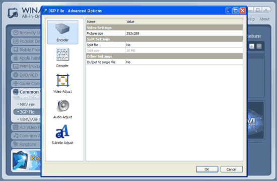 WinAVI All-In-One Video wmv to 3gp conversion advanced setting - screenshot