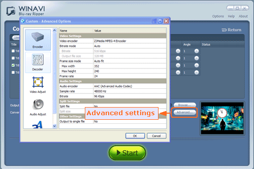 set advanced options for converting bluray to iphone video - screenshot
