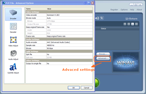 Do advanced settings for avi to flv conversion - screenshot
