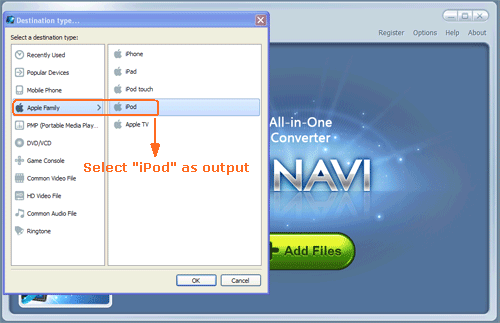  input avi file or add more files to convert avi to ipod compatible mp4 - screenshot