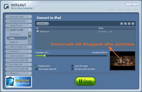 avi to ipod converting interface - screenshot