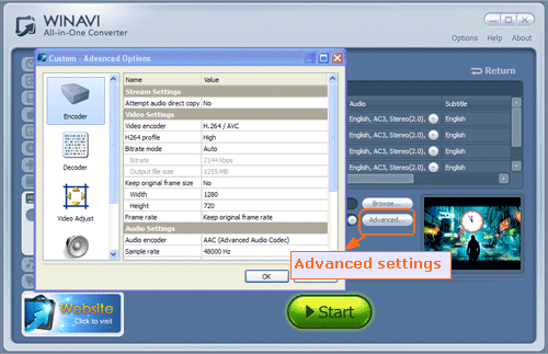 advanced settings for converting Bluray to HD MKV- screenshot