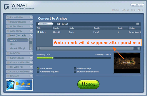 Convert DVD to Archos with WinAVI All In One Converter - converting screenshot.