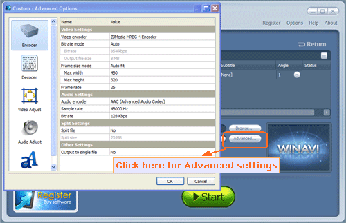advanced settings for DVD to Archos conversion - screenshot.