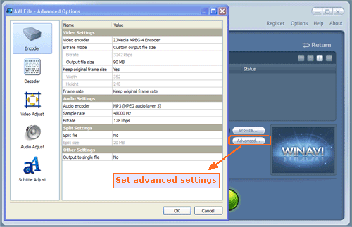 Do advanced settings for flv to avi conversion - screenshot