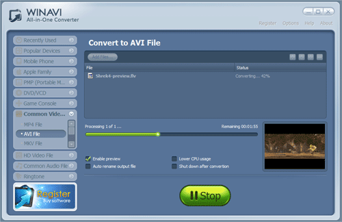 converting flv to avi with WinAVI All In One Converter -screenshot 