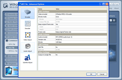 WinAVI All-In-One Video mkv to avi conversion advanced setting - screenshot