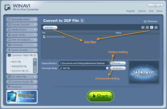 WinAVI All-In-One Video Converter add more mov files to convert 3gp - screenshot