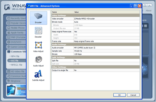 WinAVI All-In-One Video mov to avi conversion advanced setting- screenshot