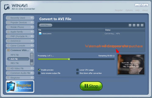 WinAVI All-In-One Video convert mov to avi - screenshot