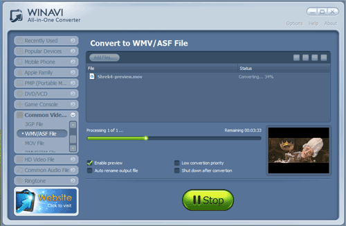 WinAVI All-In-One Video convert mov to wmv - screenshot
