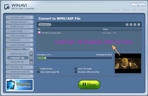 WinAVI All-In-One covnerter convert mp4 to wmv - screenshot