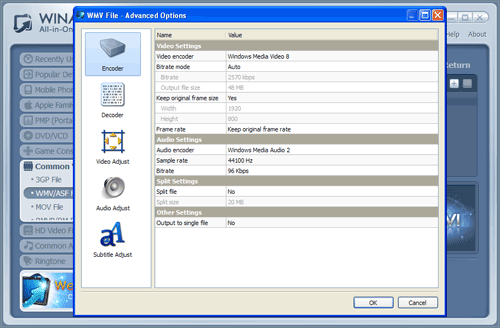 WinAVI All-In-One covnerter mp4 to wmv conversion advanced settings - screenshot