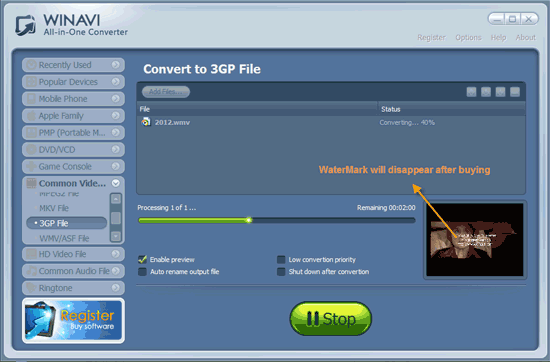 WinAVI All-In-One Video convert wmv to 3gp - screenshot